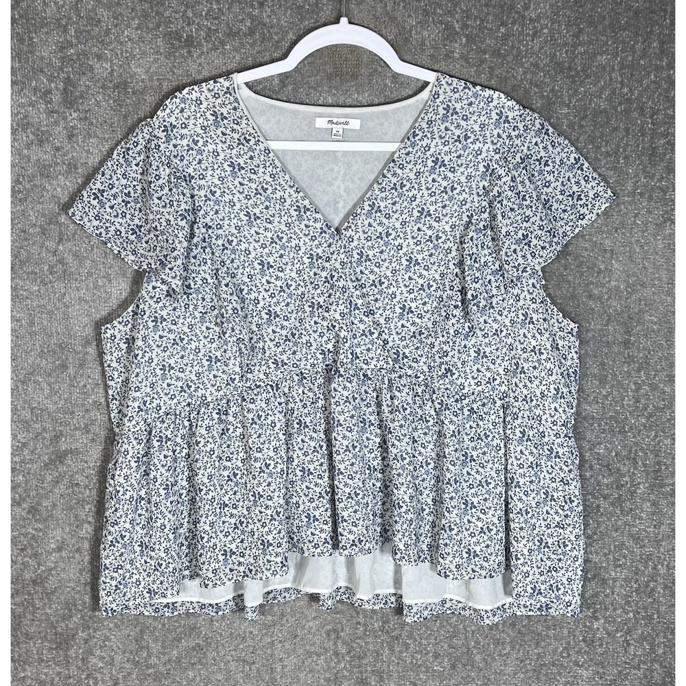 Madewell Georgette Ruffle Sleeve Peplum Top Womens Sz 3X Blue Americana Floral